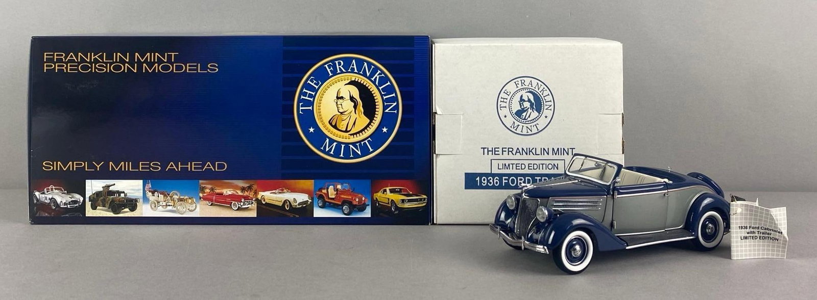 Franklin Mint LE 1936 Ford Cabriolet with Trailer: Die-cast, 1/24 scale, limited edition No. 404 of 1500, in original box and shipping box with COA, box measures 6 1/2 inches H x 5 inches W x 13 inches D