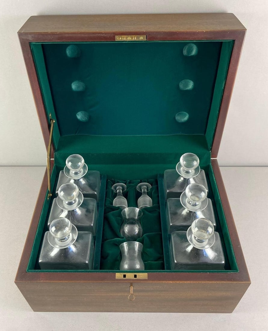 Vintage Wood Decanter and Cordial Set Captains Chest: Brass hardware, green velvet interior, original key, Needs cleaning, decanters each show pontil marks, chest measures 12 inches H x 20 inches W x 14 inches D
