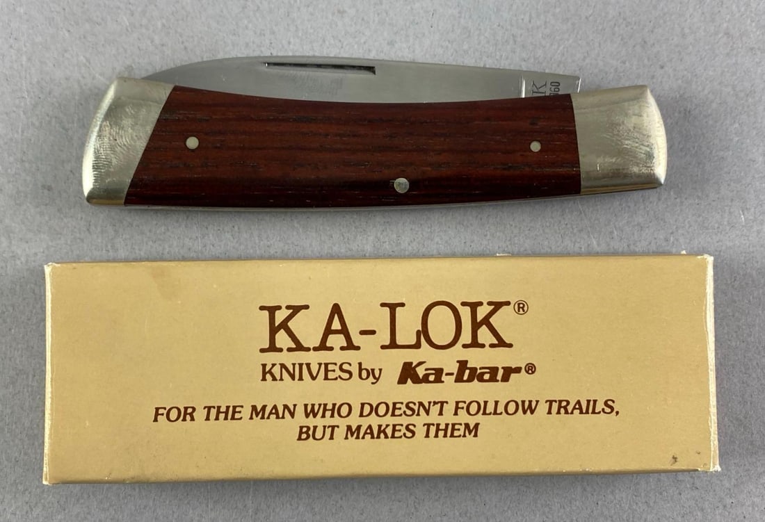 Ka-Bar Ka-Lok Stainless Steel Folding Pocket Knife: With original box, made in japan, measures 7 inches L with a 2 3/4 inches Blade