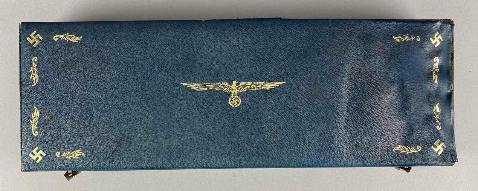 WW2 German Luftwaffe Emblem Dagger Presentation Case: Blue velvet lined, needs cleaned, measures 7 inches H x 19 1/2 inches W x 3 inches D