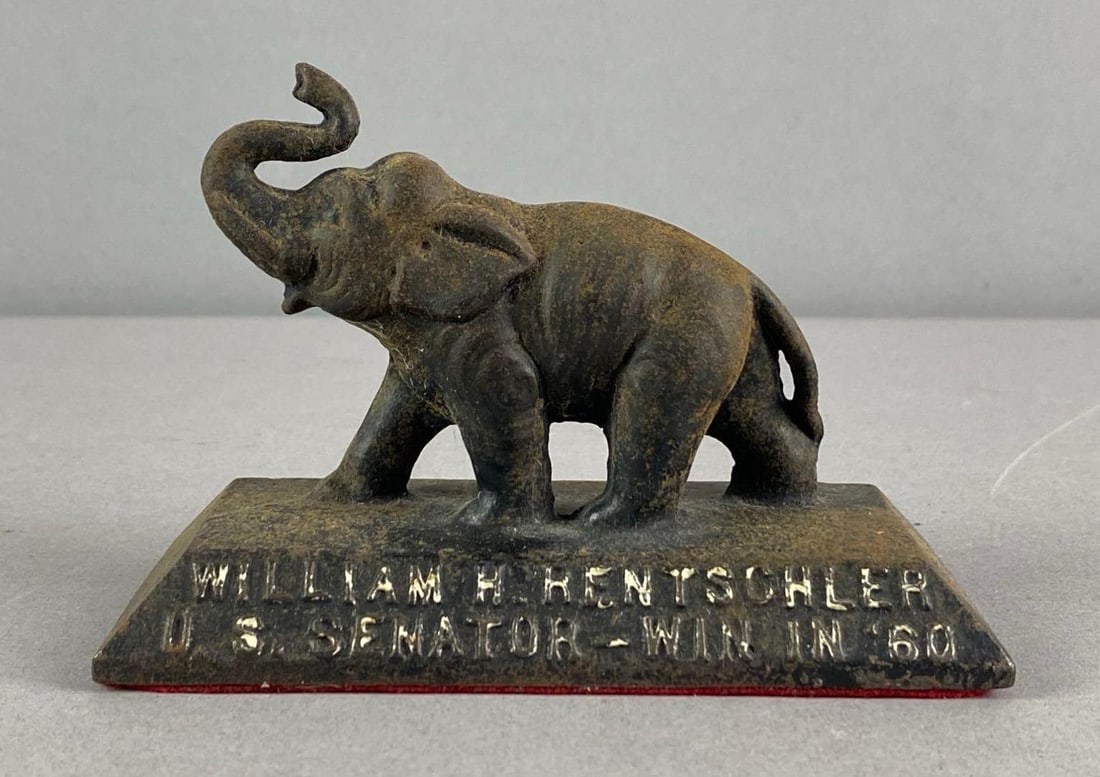 Vintage US Senator William H Rentschler Elephant Cast Iron Paperweight: Measures 3 inches H x 4 1/2 inches W x 2 1/2 inches D
