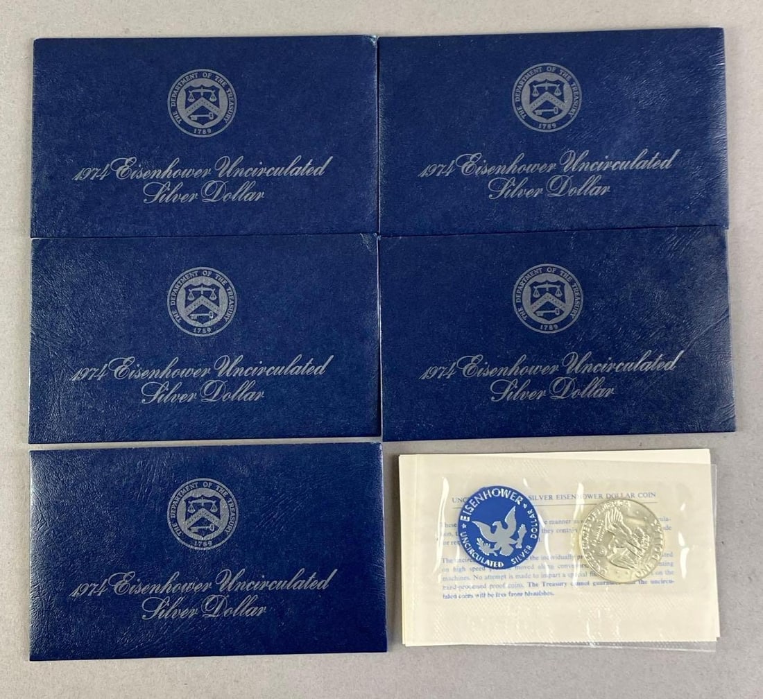 Group of 5 1974 US Eisenhower Uncirculated Silver Dollar Coins (1 of 2)