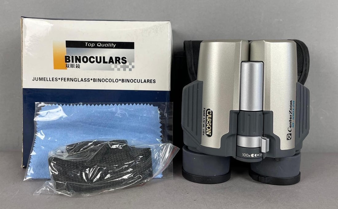 Carson 18-100x28mm Compact Zoom Binoculars: Includes case, strap, original packaging, box measures 6 inches x 6 inches x 3 inches