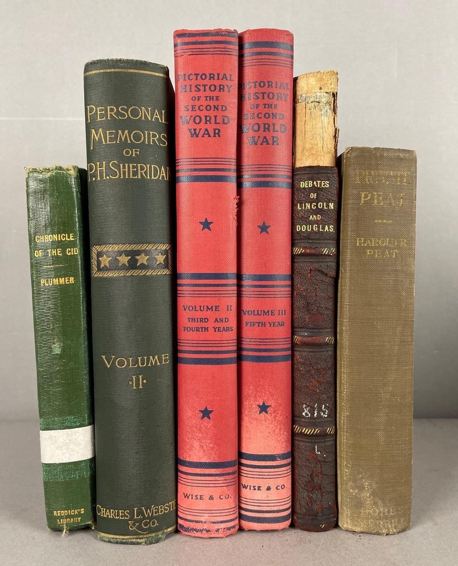 Group of Antique and Vintage Military Hardcover Books: Includes 1860 debates of Lincoln and Douglas, largest measures 10 inches x 7 1/4 inches