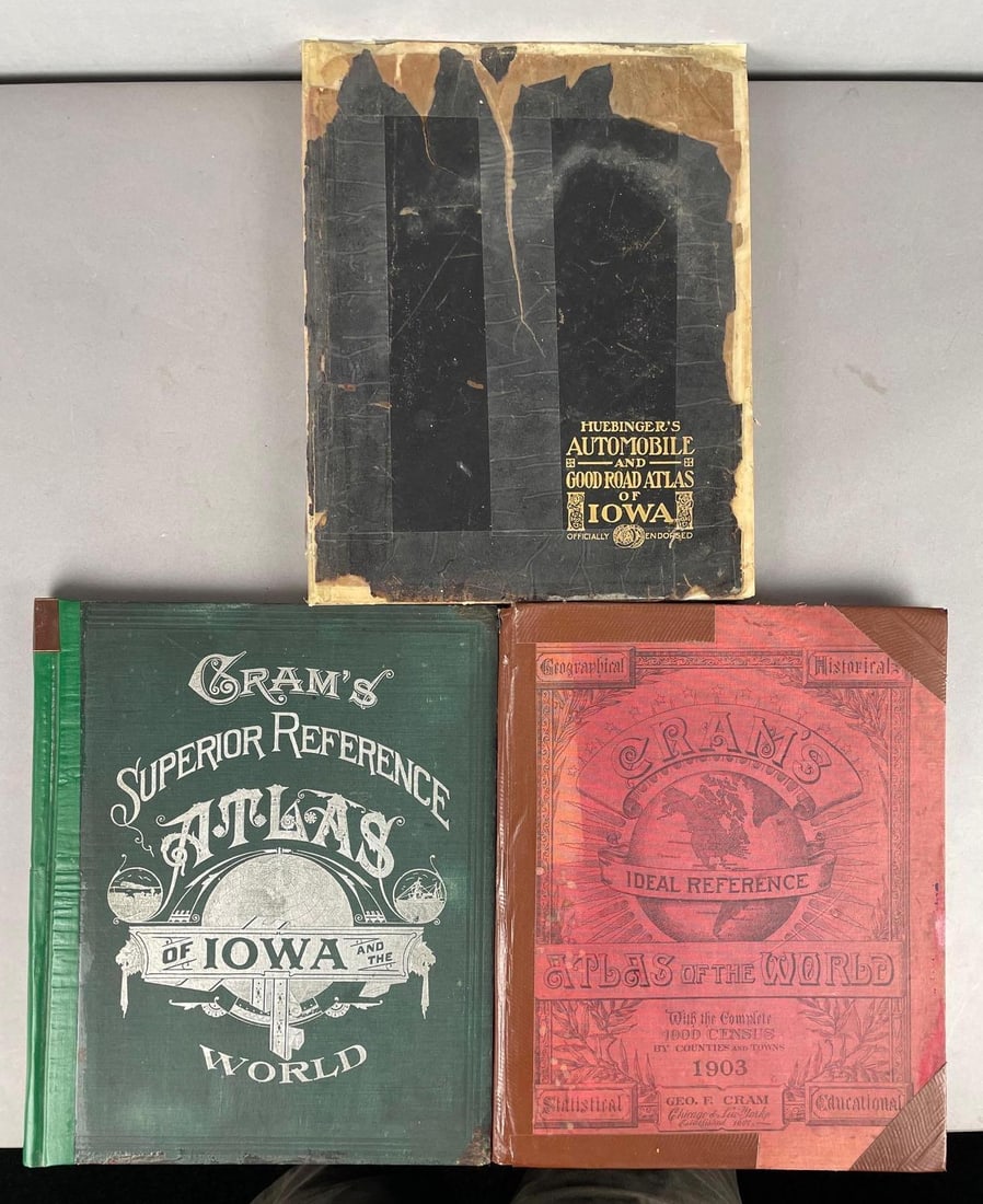 Group of Vintage Iowa / World Atlases: All repaired, largest measures 15 inches x 12 1/4 inches