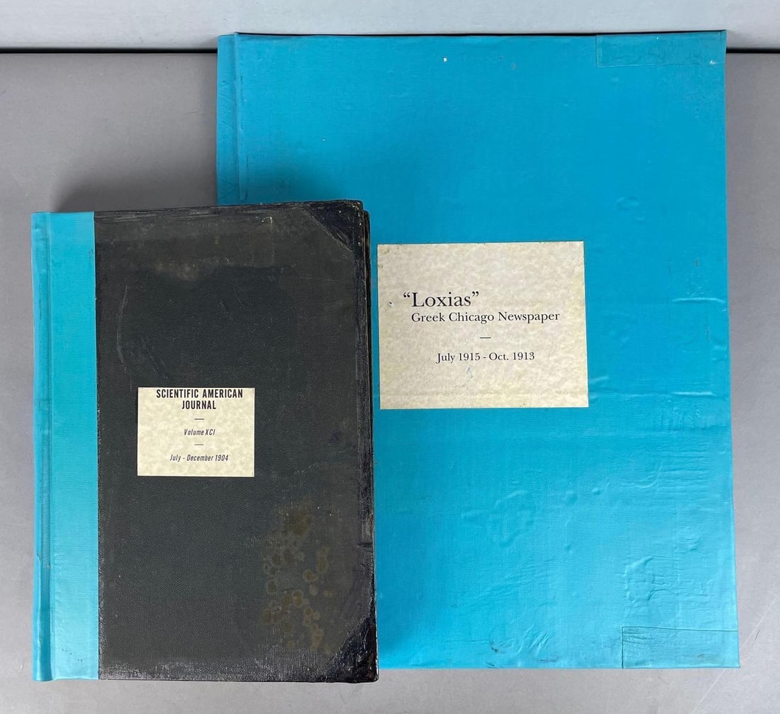 1904 July - December Scientific American Journal Bound Book and More: Includes 1913-15 bound Loxias Greek Chicago newspaper, largest measures 23 inches x 18 3/4 inches