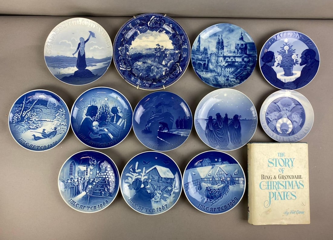 Group of 13 Vintage Bing and Grondahl Christmas Plates: Includes 1912 Julien, 1917 Jul. C. after, and more. Largest plate measures 9 inches in diameter. Includes Guide book.