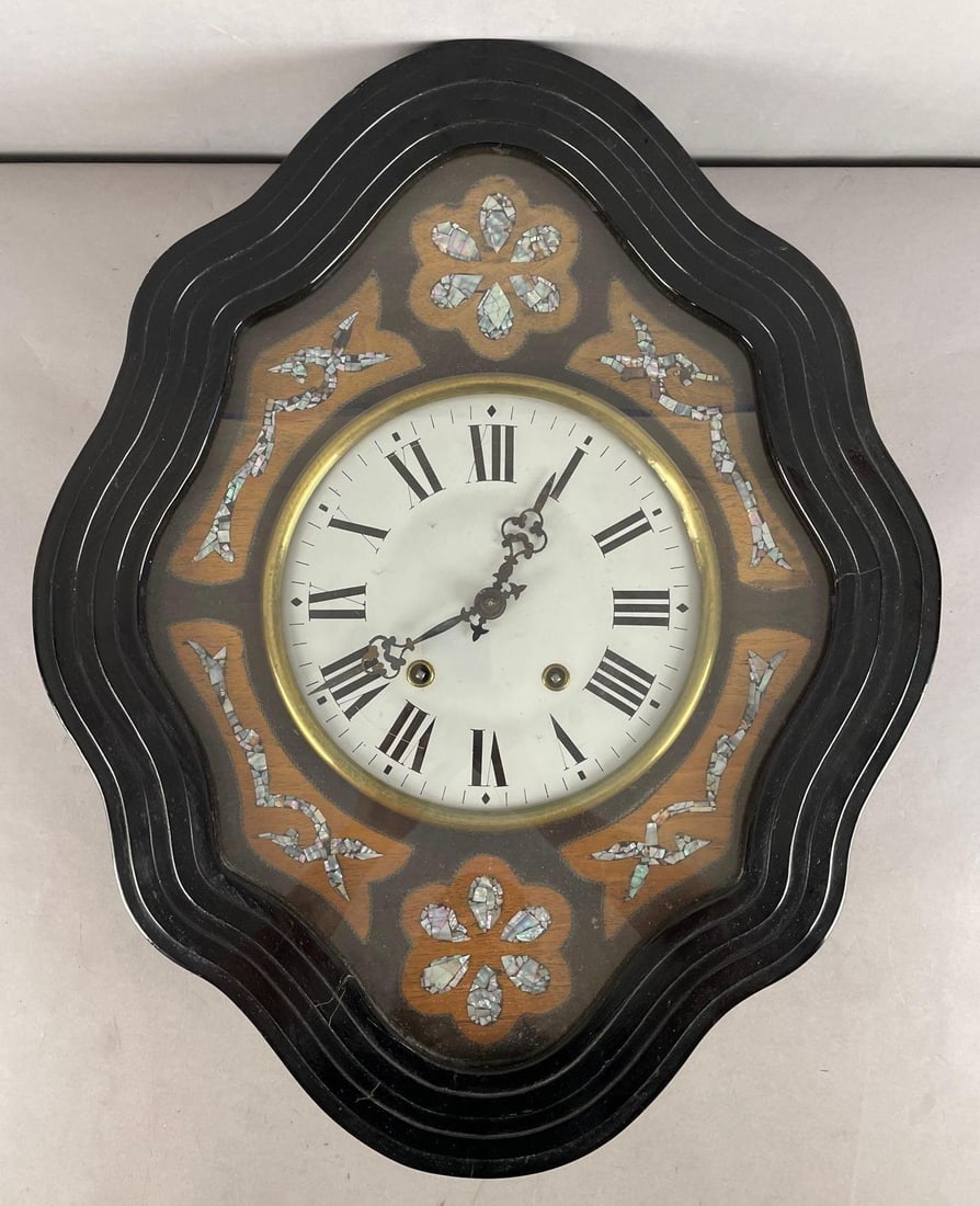 Antique French Style Mother of Pearl Inlay Wood Wall Clock: Working condition with key, a little finicky, measures 24 inches x 19 1/4 inches x 5 1/4 inches