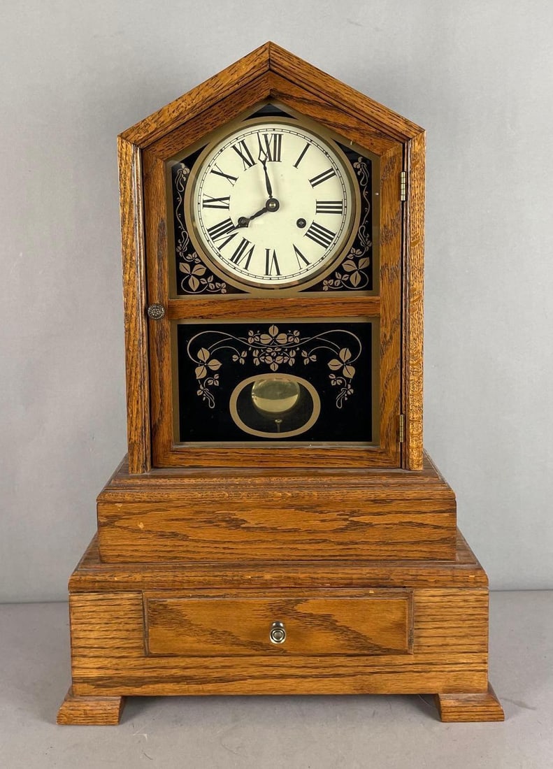 Vintage Oak Wind-Up Mantle Clock with Drawer (1 of 4)