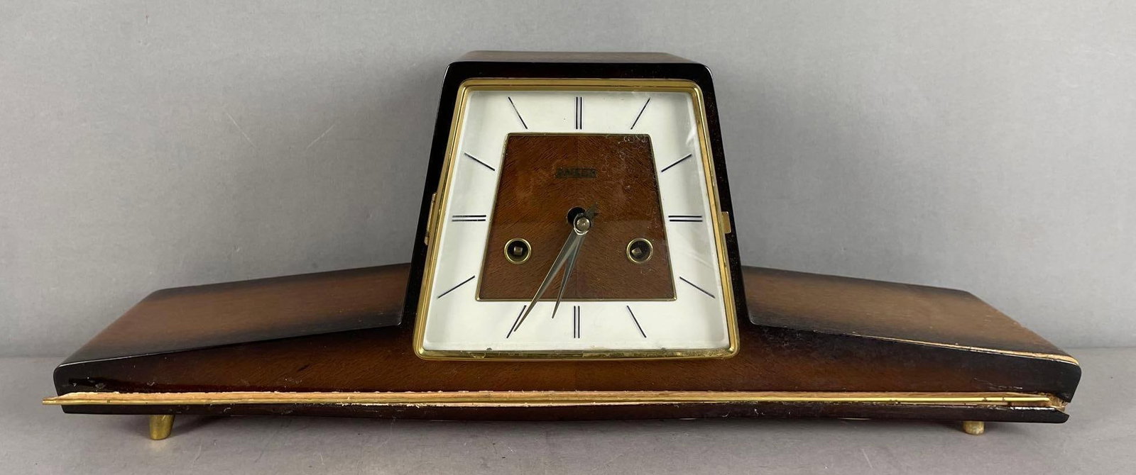 Vintage MCM Anker Wood Wind-Up Mantle Clock: Untested- does not include key, decorative trim separating, measures 7 1/4 inches x 19 inches x 5 inches