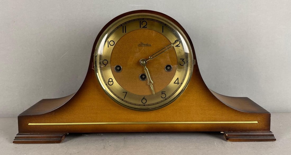 Vintage McM Linden Wood Wind-Up Mantle Clock: Untested - does not include key, hinge missing one nail, measures 8 1/2 inches x 16 3/4 inches x 4 3/4 inches