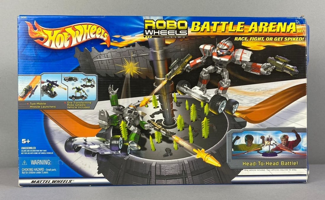 2001 Mattel Hot Wheels Robo Wheels Battle Arena Playset: Like new in original packaging. Open box . Box measures H 2 x W 10 x L 17 inches.