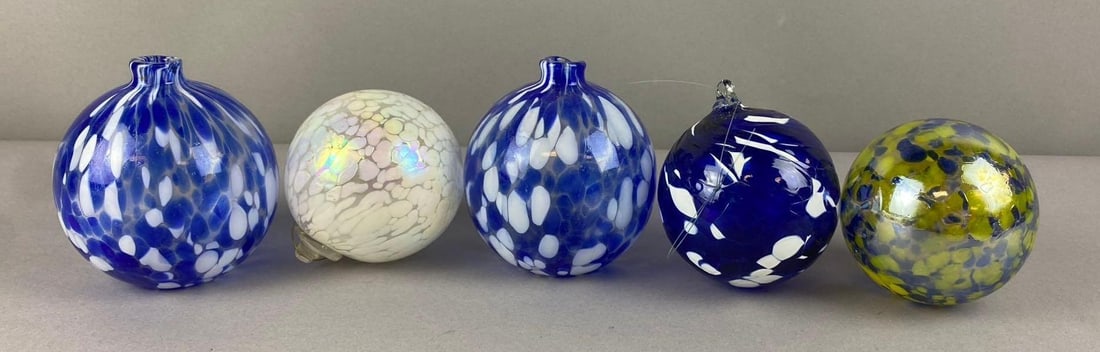 Group of 5 Handblown Art Glass Ball Ornaments: Largest measures 3 inches in diameter.