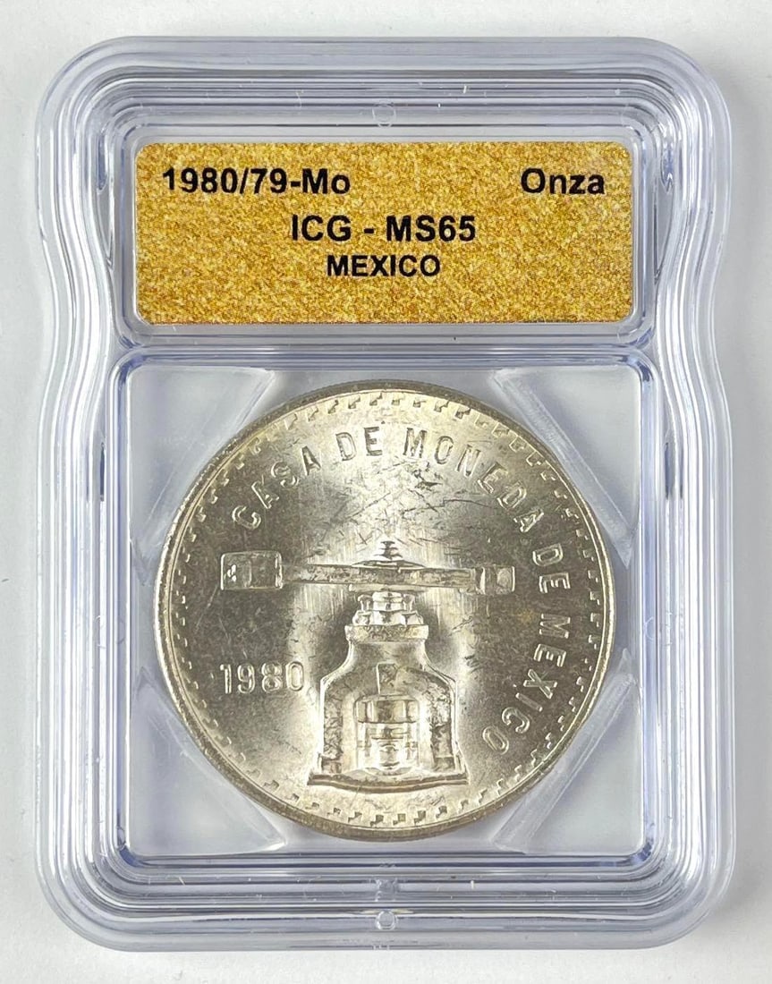 1980/79 Mexico Balanced Scale 1 Onza 1 oz .999 Fine Silver Round ICG MS65: 1980/79 Mexico Balanced Scale 1 Onza 1 oz .999 Fine Silver Round ICG MS65