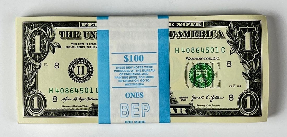 Group of 100 2021 US Mint $1 Consecutive Serial Numbered Bills (1 of 2)