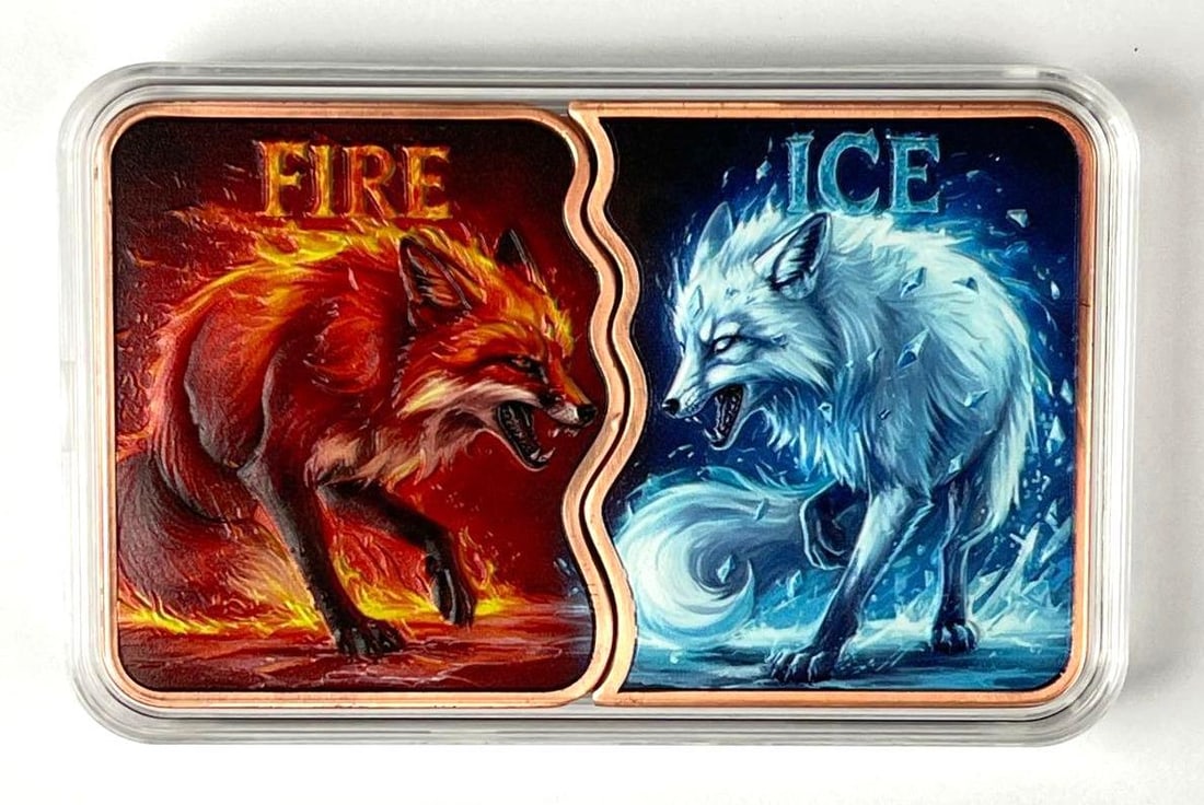 SUPER COOL Colorized Fire and Ice Foxes 10 oz .999 Fine Copper Ingot/ Bars (1 of 2)