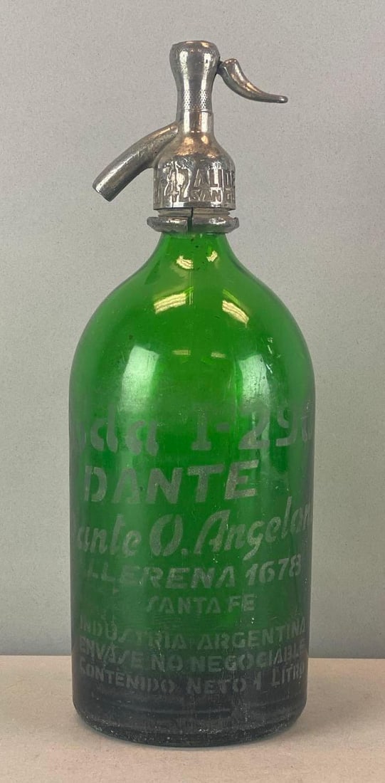 Vintage Dante O. Angeloni Green Glass Seltzer Bottle: Measures 12 inches H x 4 1/4 inches W