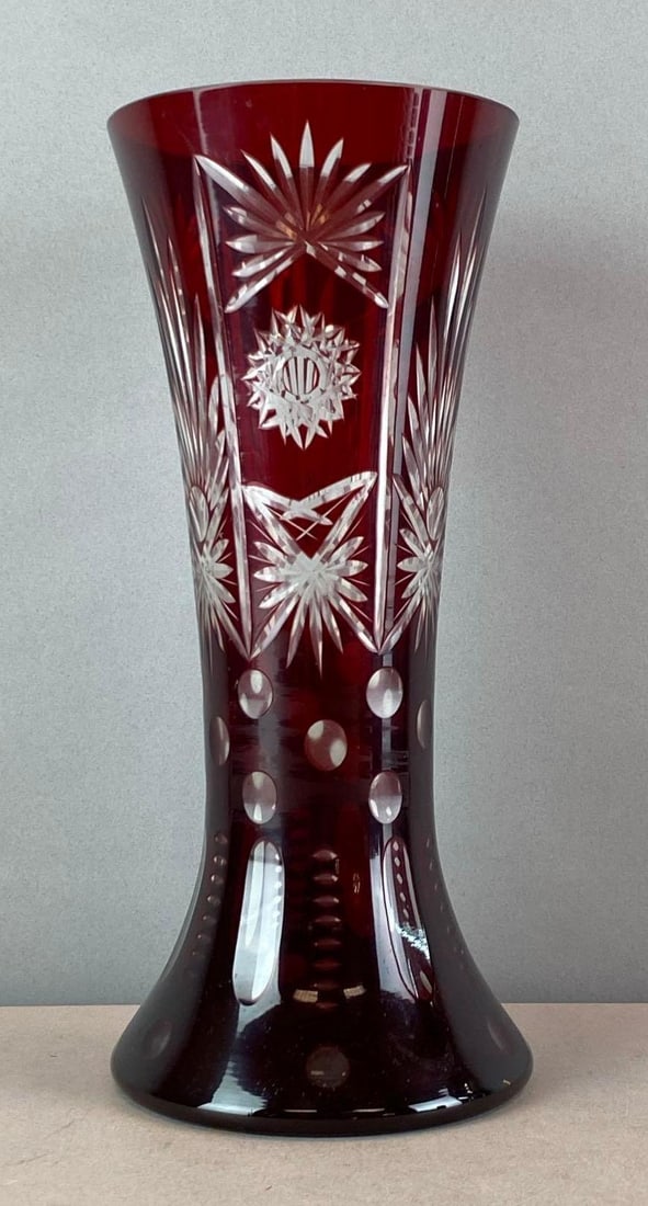 Vintage Cranberry Cut To Clear Glass Flared Vase (1 of 5)