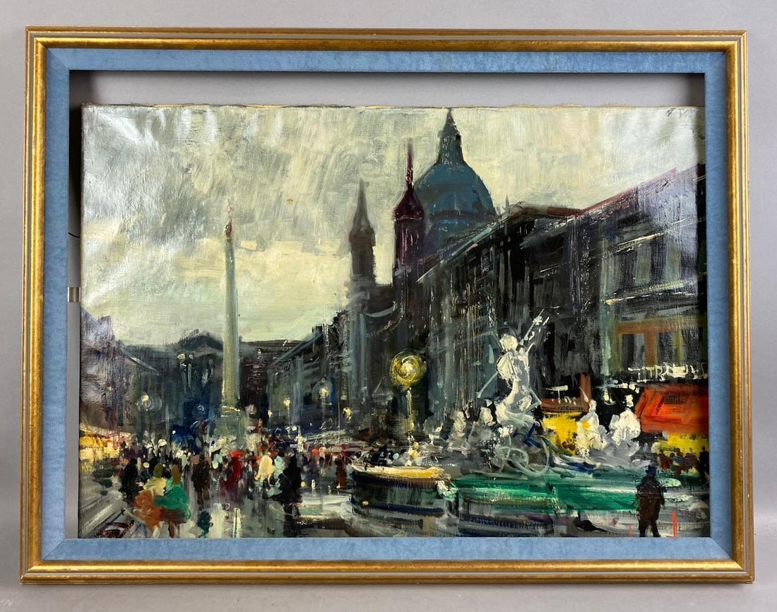 Parisian Street Scene Oil Painting: Canvas is detached from frame. Measures L 27 x W 20 inches.