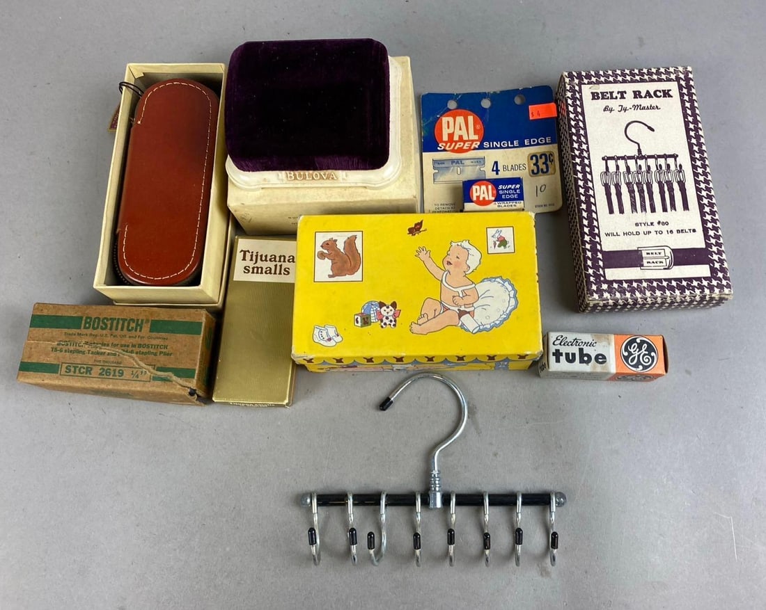 Group of Assorted Vintage Departments Store Items: Includes Bulova Box, belt holder and more. Largest measures 6 inches in length.