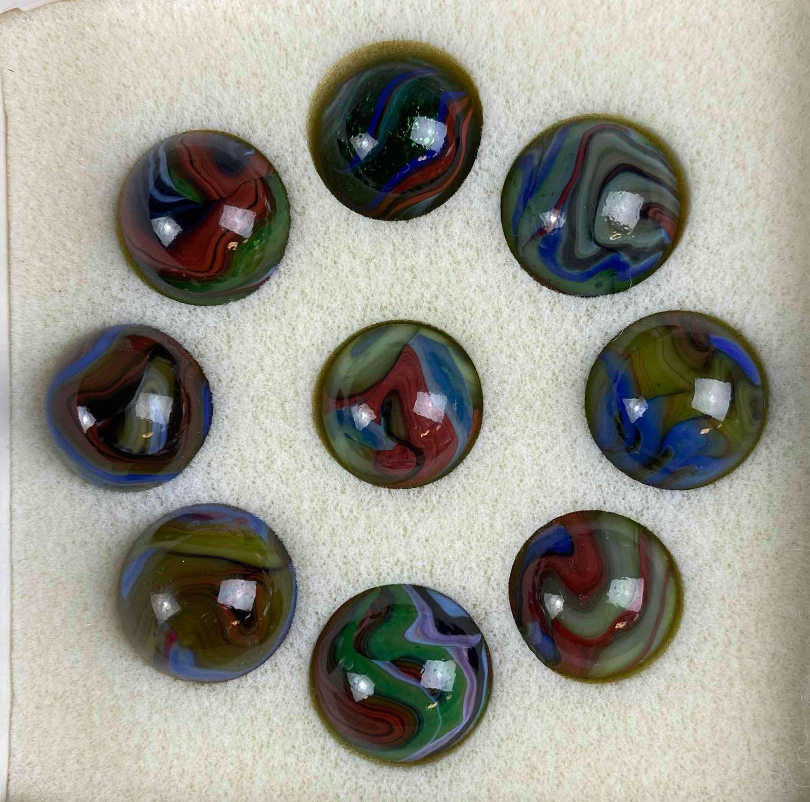 Group of 9 Vintage Daves Appalachian Swirls Glass Marbles: Includes red, Blue, and green color Schemes