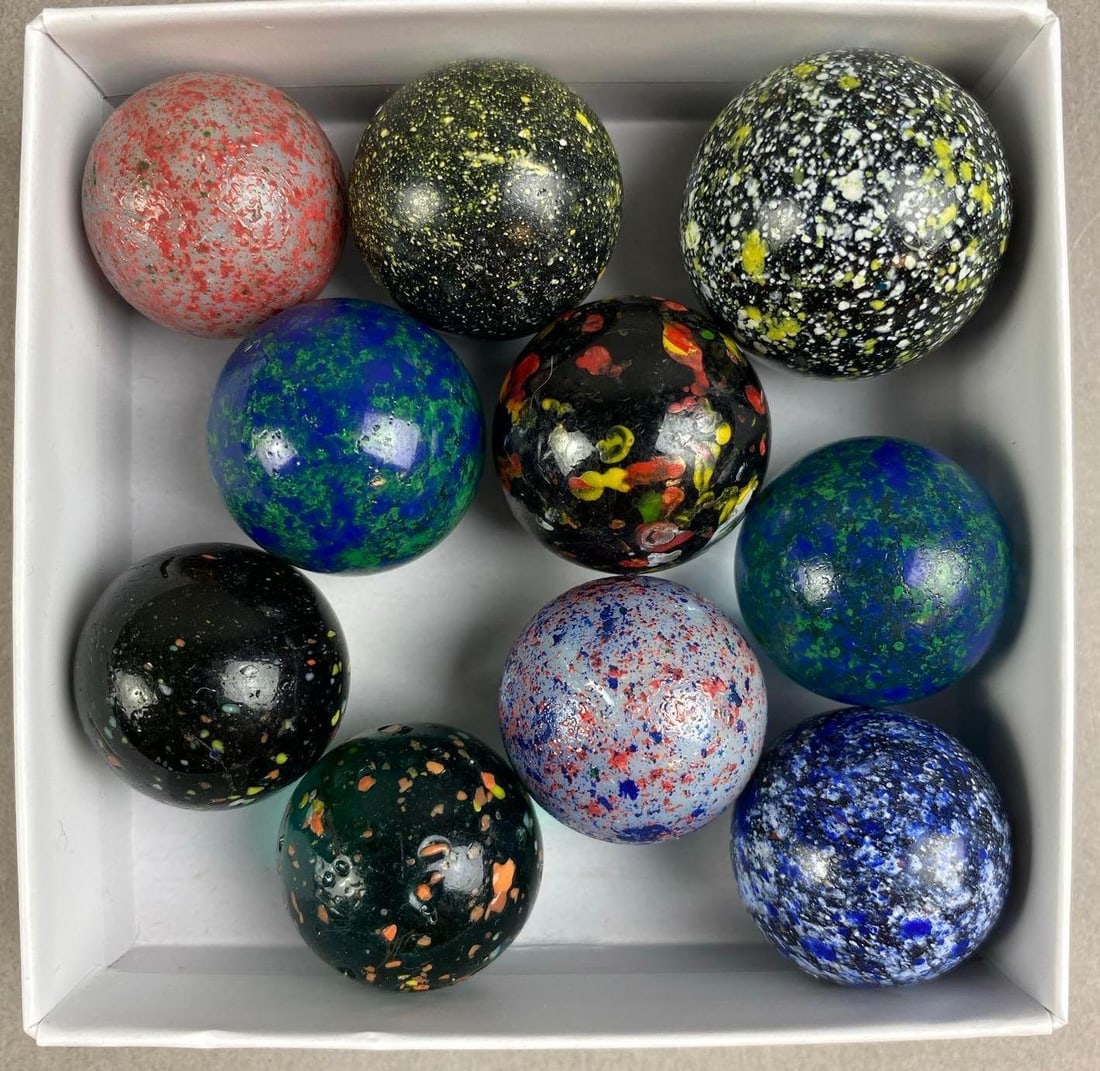 Group of 10 Vintage Vacor Confetti Glass Marble Shooters: Includes White, Blue, and Green Color Schemes