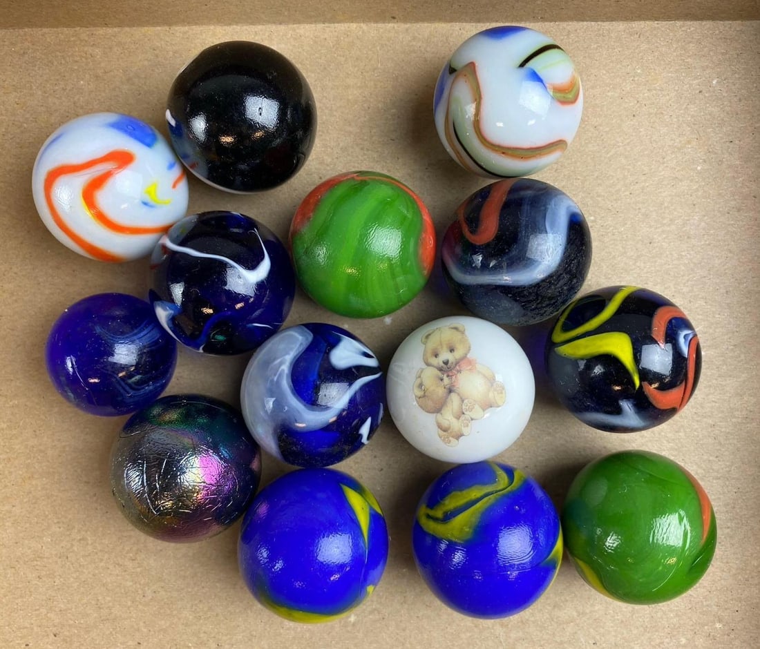 Group of 14 Vintage Vacor Glass Marble Shooters: Includes iridescent, green, and white color schemes