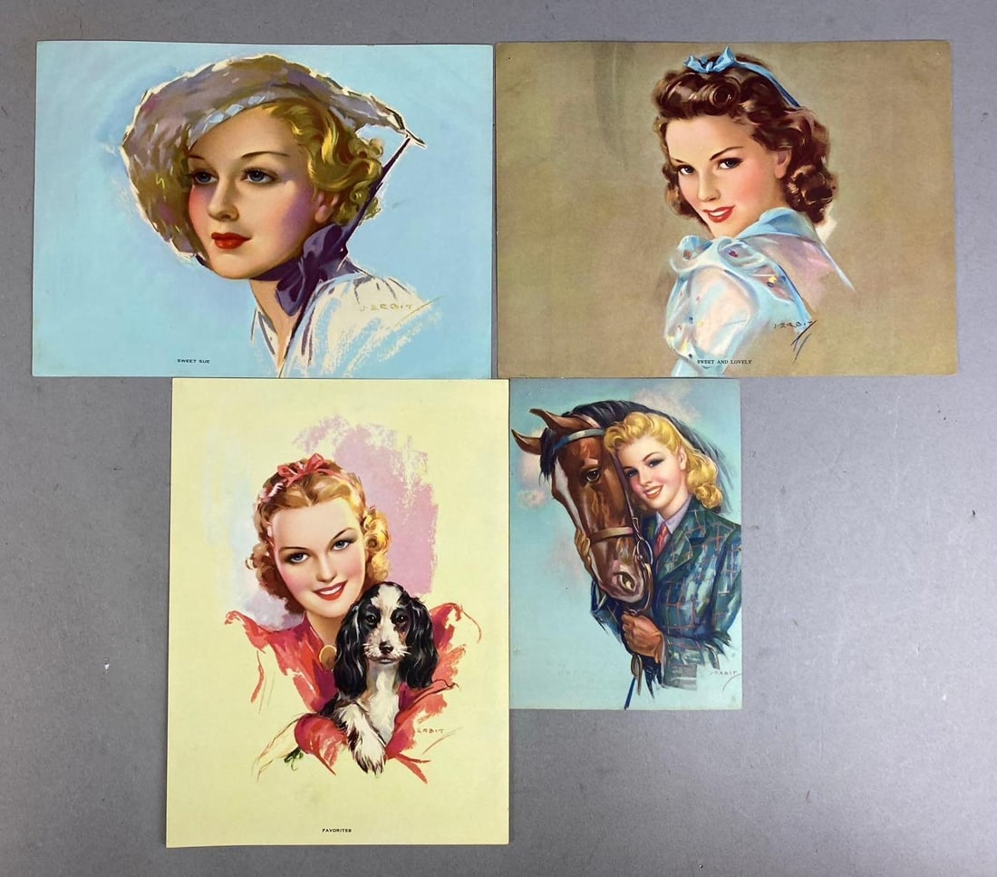 Group of 4 Antique 1940s Jules Erbit Litho Prints: Includes Sweet Sue, Favorites, and more. Largest measures L 9 x W 7 inches.