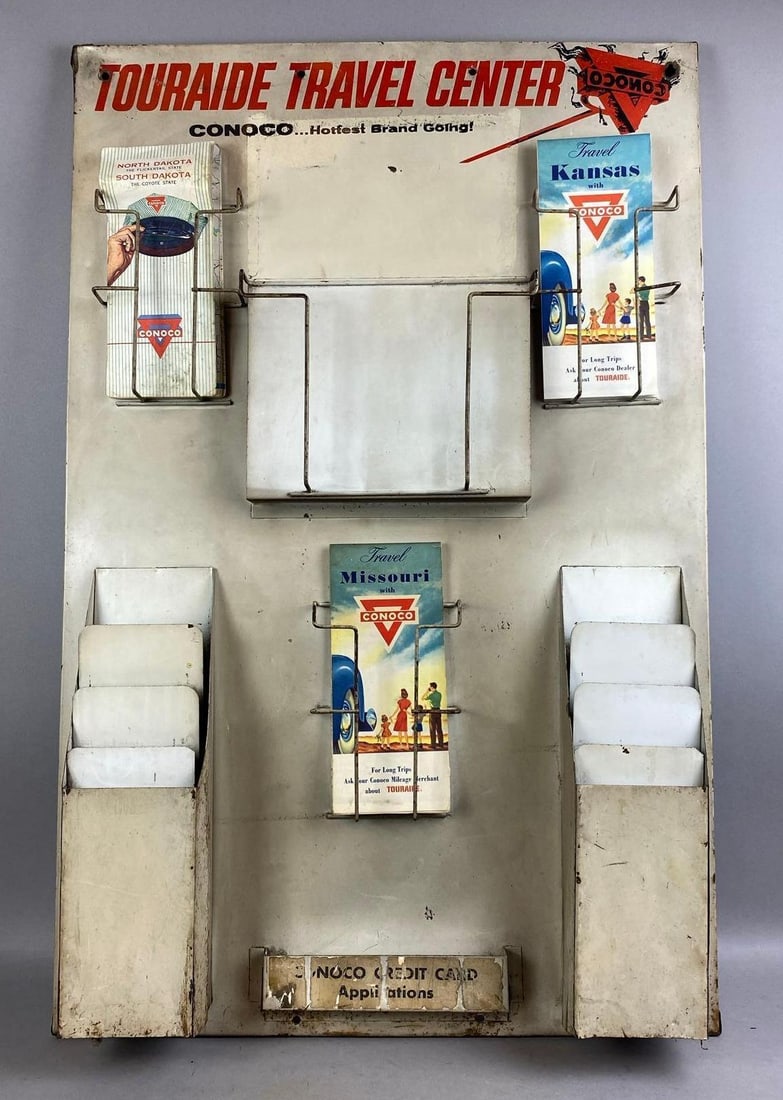 Antique 1940s Gas Station Map Rack With Maps: Rust and paint chips throughout. Measures L 34 1/2 x W 22 inches.