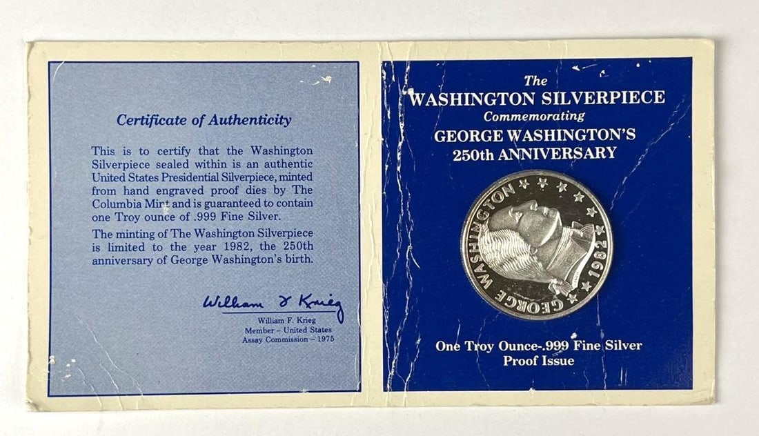 1982 The Columbia Mint The Washington Silverpiece Commemorating George Washington 250th Anniversary: Includes COA