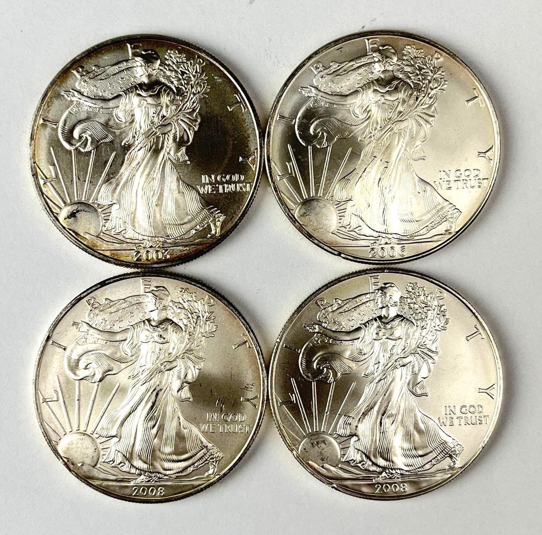 Group of 4 US $1 American Silver Eagle 1 oz Fine Silver Coins (1 of 2)