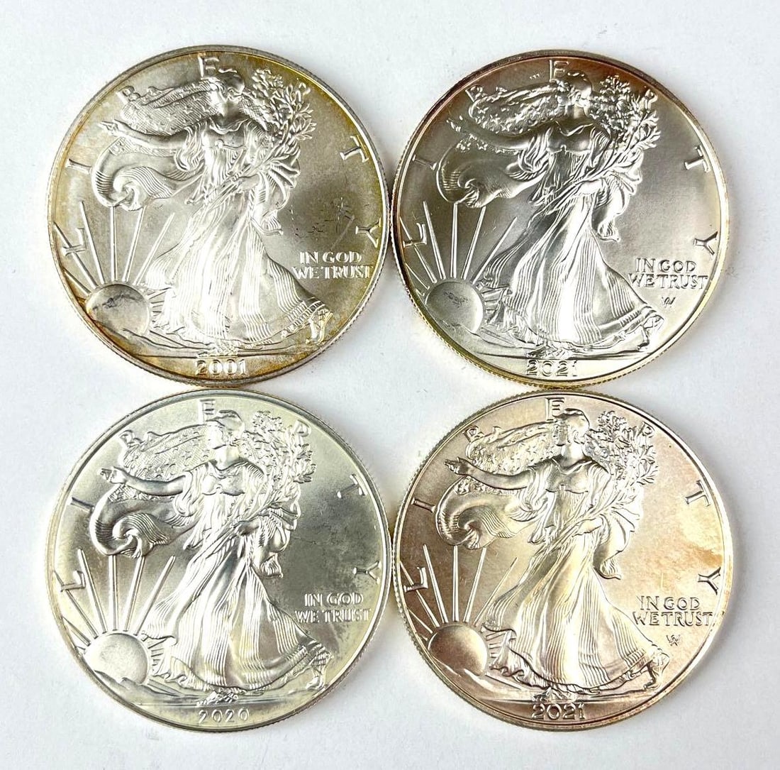 Group of 4 US $1 American Silver Eagle 1 oz Fine Silver Coins (1 of 2)