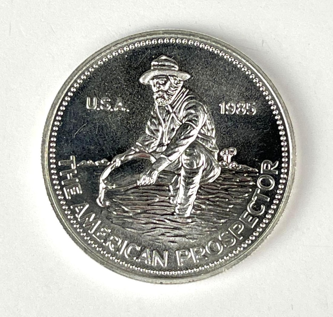 1985 Engelhard The American Prospector 1 oz 999 Fine Silver Round: 1985 Engelhard The American Prospector 1 oz 999 Fine Silver Round