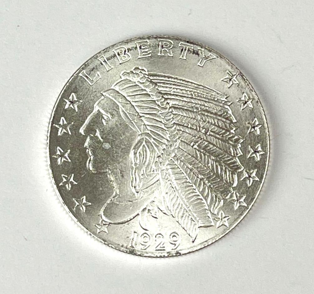 Golden State Mint 1929 Incuse Indian Design 1/2 oz .999 Fine Silver Round: Golden State Mint 1929 Incuse Indian Design 1/2 oz .999 Fine Silver Round