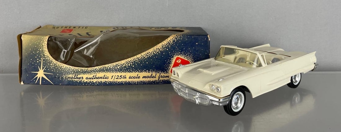 AMT 1960 Ford Thunderbird Convertible Dealership Promo Car: 112, working friction, white with white / silver interior, broken driver mirror included, original box