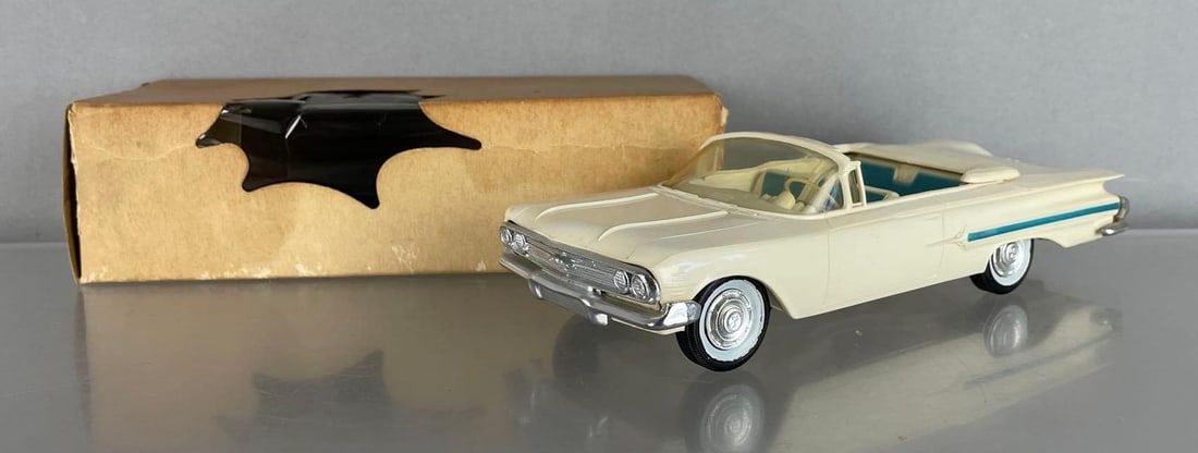 1960 Chevy Impala Convertible Dealership Promo Car: White / blue accents, coaster, small scuffs, original box