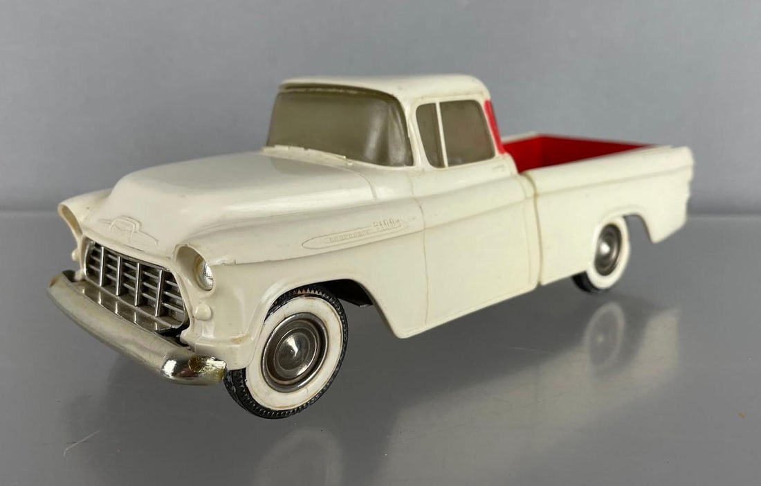 1956/7 Chevy 3100 Dealership Promo Pickup Truck: White with red, nonworking friction