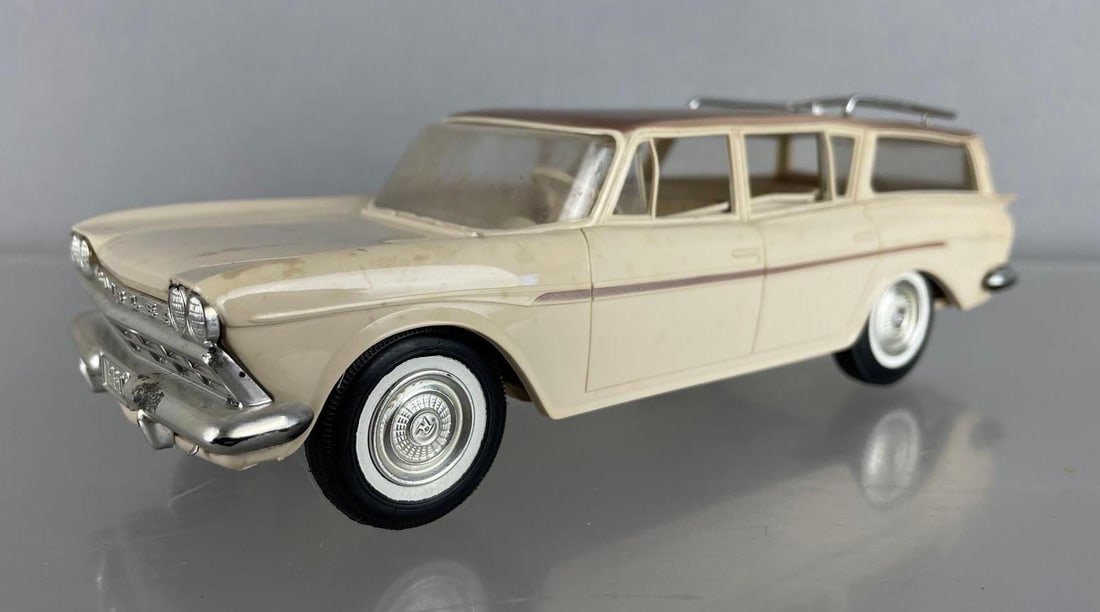 Jo-Han 1960 AMC Rambler Station Wagon Dealership Promo Car: Two tone tan, slightly working friction, spots on hood