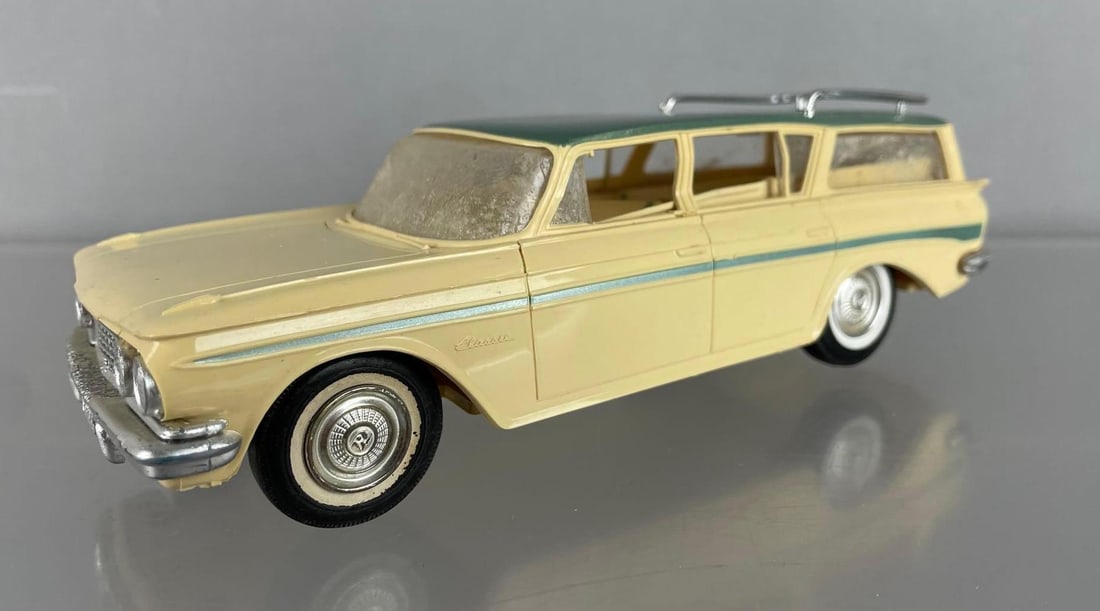 Jo-Han 1961 AMC Rambler Station Wagon Dealership Promo Car: Yellow / green, nonworking friction, warped