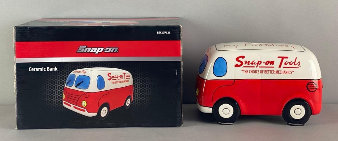 Snap-On Tools Delivery Van Porcelain Coin Bank: In original box, box measures 7 inches H x 11 inches W x 7 1/2 inches D