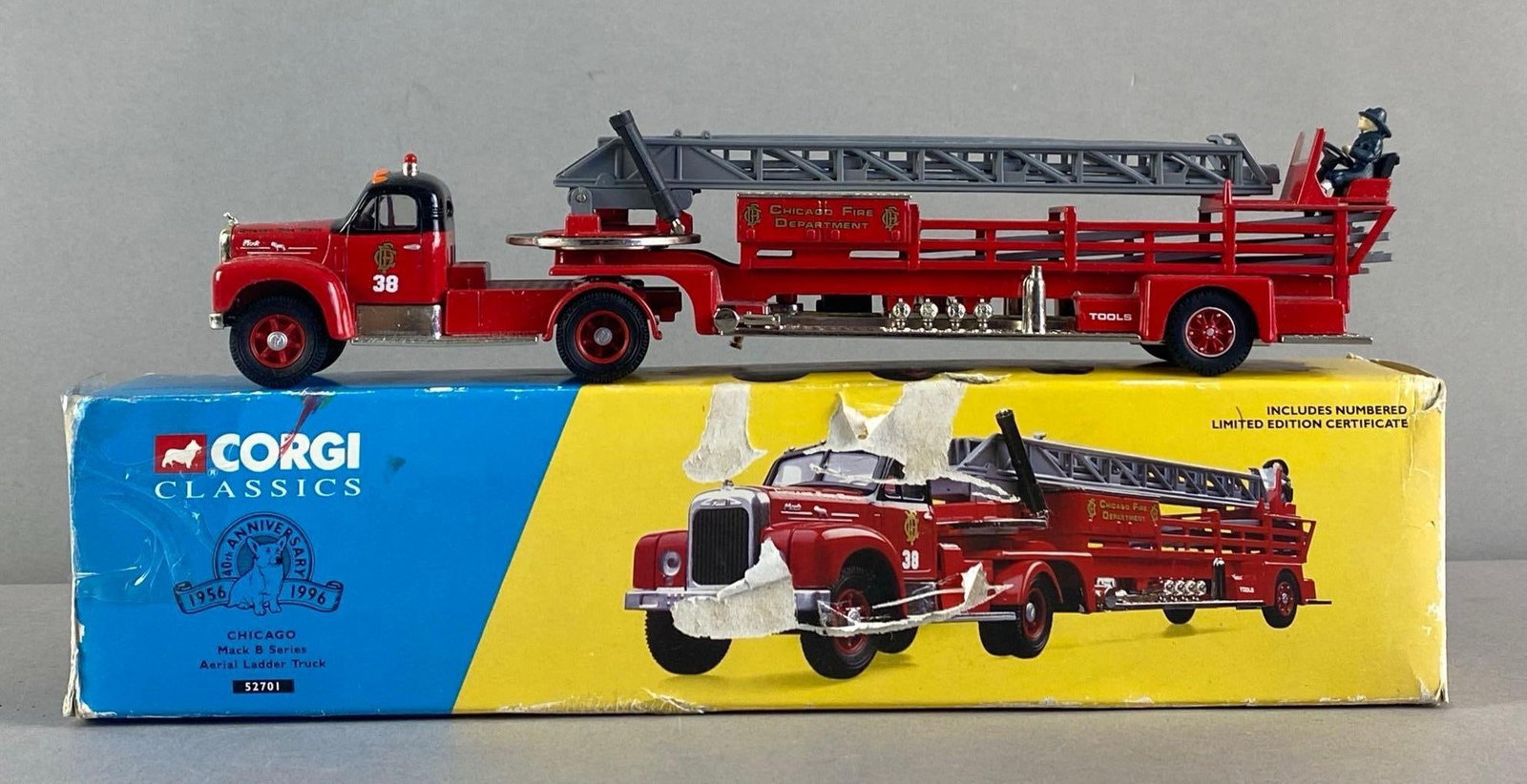 Corgi Classics No. 38 Chicago Fire Department Aerial Rescue Mack Truck: 1/50 scale, Die-Cast, with original box, shelf wear shown