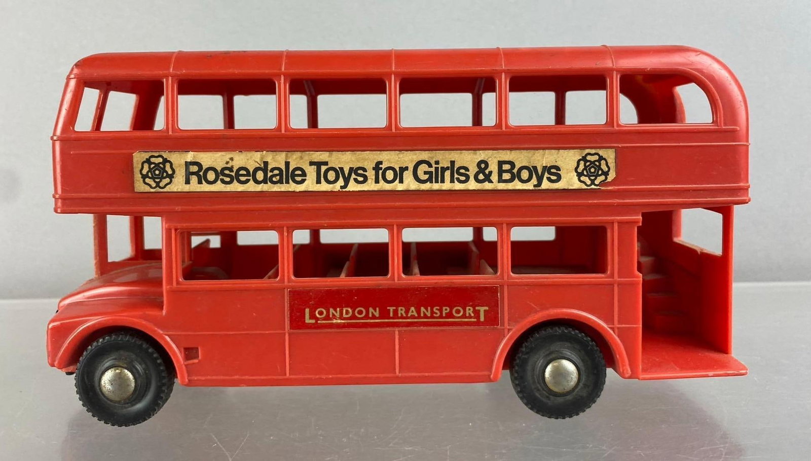 Vintage 1960s Rosedale Plastic Routemaster Double Decker Bus: Measures 9 inches long.