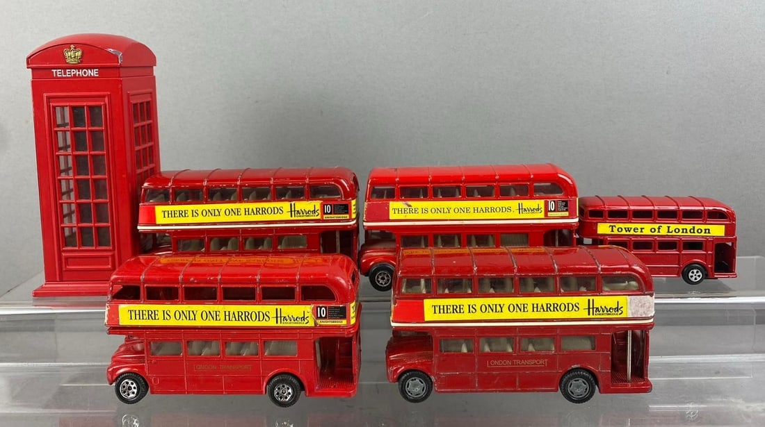 Group of 6 Harrods London Double Decker 1/76 Die-Cast Buses and More: Includes Telephone Booth Coin Bank. Largest measures 6 inches tall. Stand not included.
