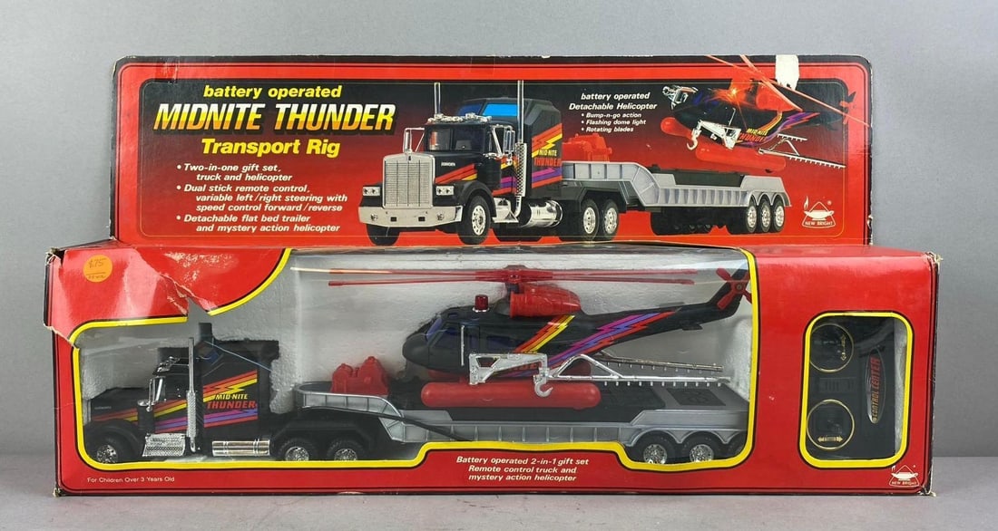 1985 New Bright Battery Operated Midnite Thunder Transport Rig: Like new in original packaging. Measures H 7 x W 4 x L 24 inches.