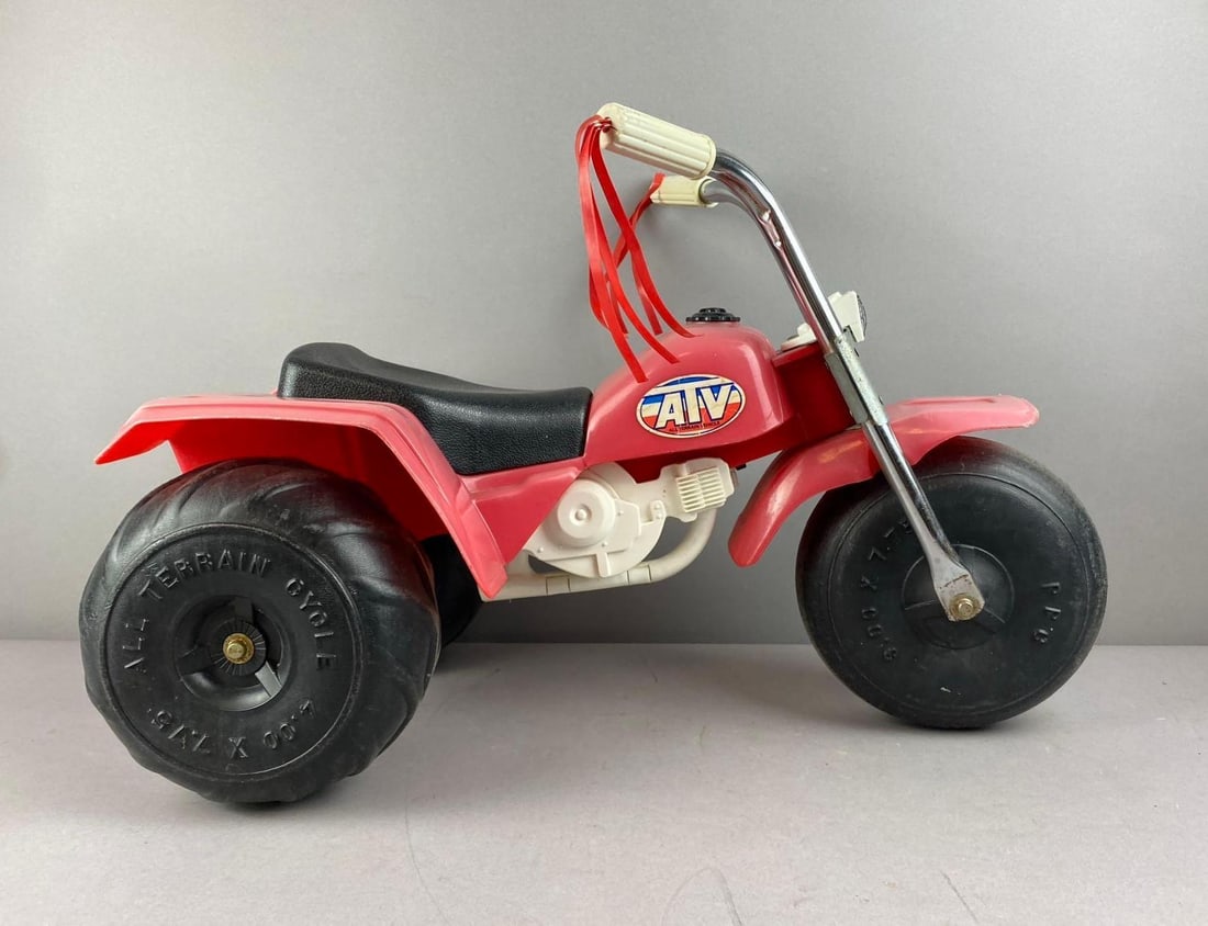1970s Child Ride On Three-Wheeler ATV Toy: Made by processed plastic company. Measures H 16 x 12 x L 22 inches.
