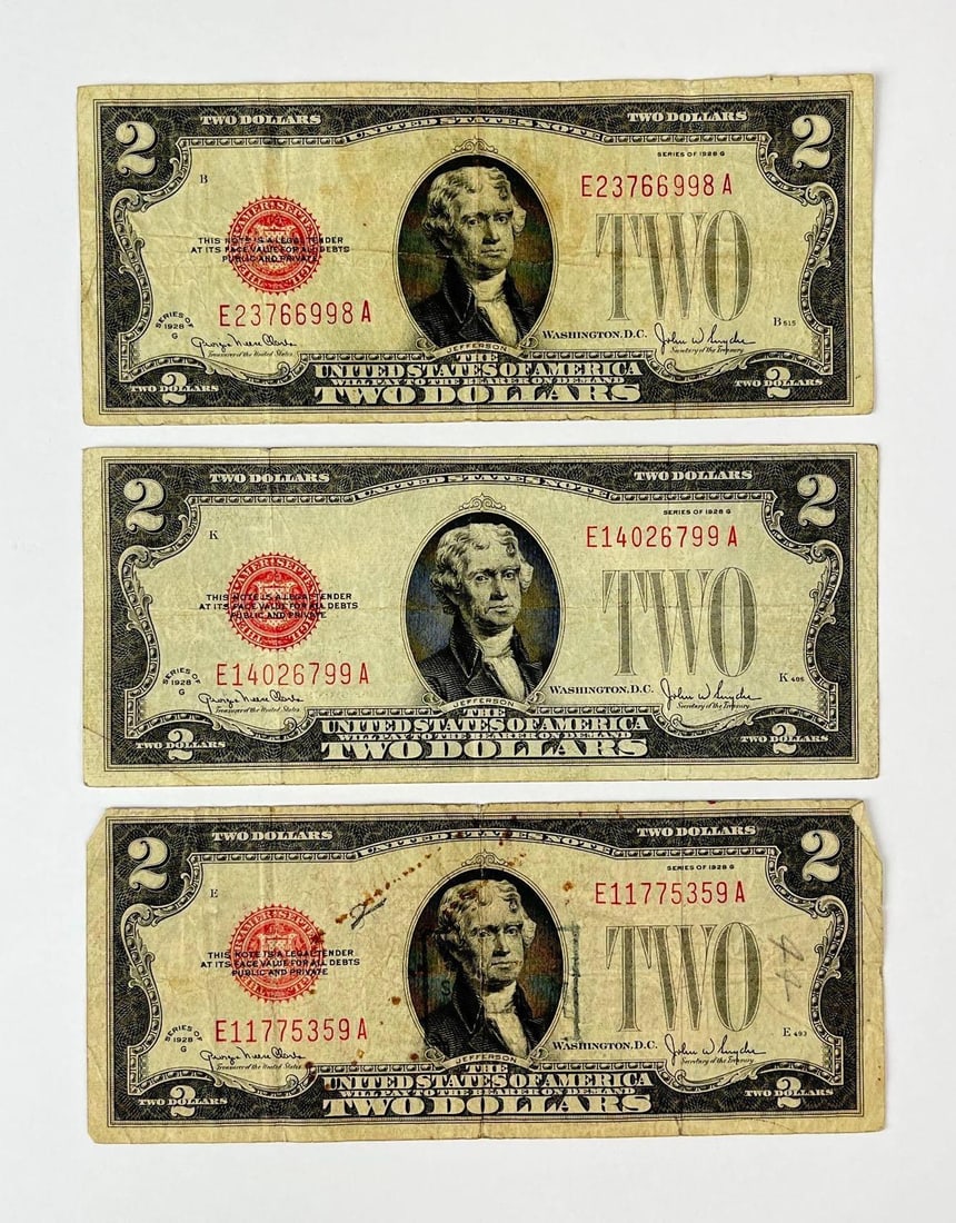 Group of 3 1928 G US $2 Red Seal Notes (1 of 2)