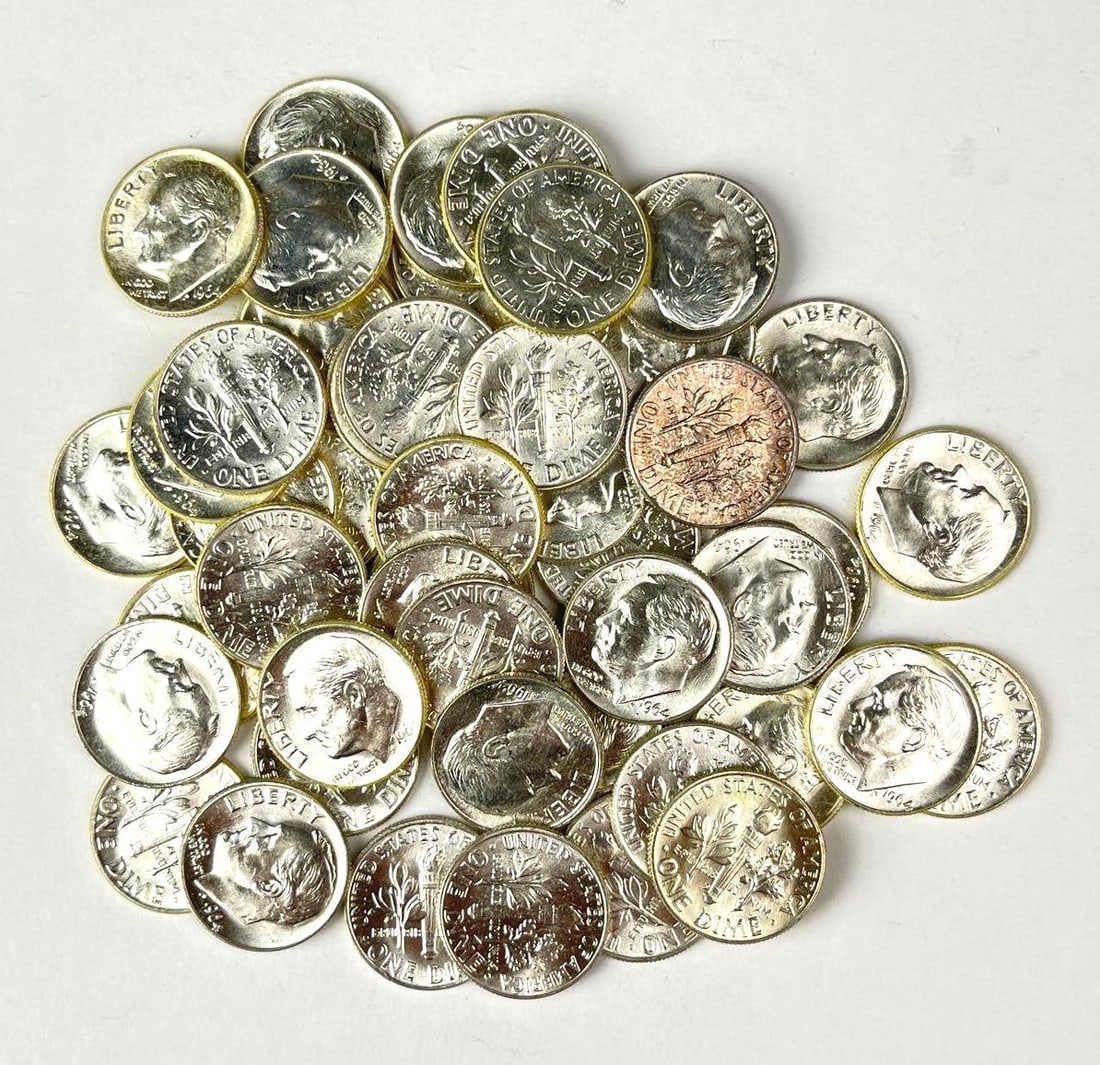 Group of 50 1964 US Roosevelt 90% Silver Dimes in a Roll (1 of 2)