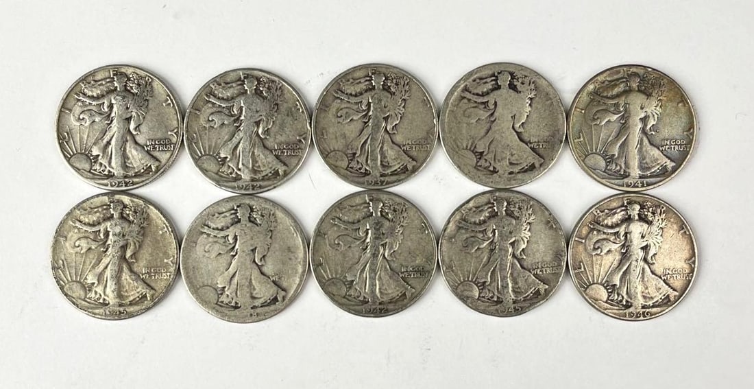 Group of 10 US Walking Liberty 90% Silver Half Dollars (1 of 2)