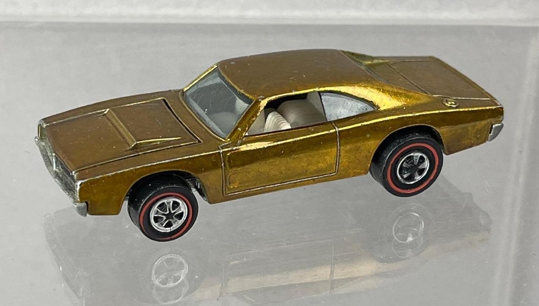 1968 Mattel Hot Wheels Redline Custom Charger Die-Cast Vehicle: Gold Spectraflame, white interior, clear windows