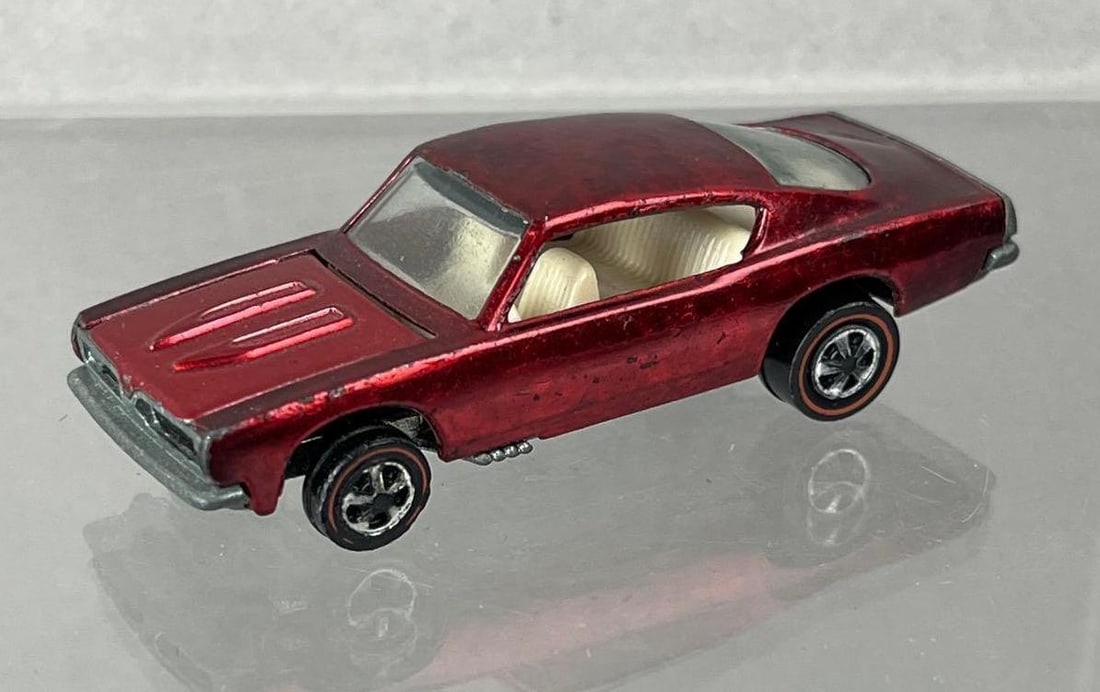 1967 Mattel Hot Wheels Redline Custom Barracuda Die-Cast Vehicle: Red spectraflame, white interior, clear windows